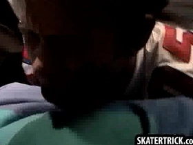 Skater hunk getting a spanking from two studs