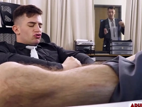 Trevor brooks masturbates while working in the office, fapping his dick unaware that his boss, jordan star catches him in the act.